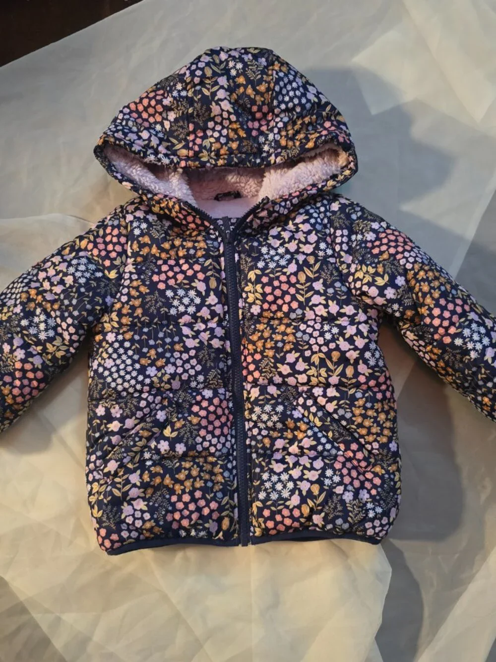 Carter's 4T Toddler Girl Floral Sherpa Lined Hooded Puffer Jacket Coat Blue Pink